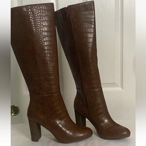 Brown Croc-Embossed Knee-High Boots